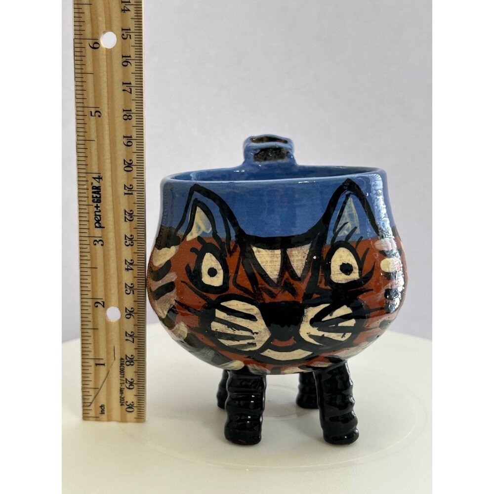 Handmade Pottery Cat Mug Sculpted Legs & Handle Blue Brown Black Whimsical Fun - Picture 8 of 9